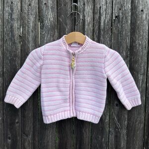 Barneys New York Knit Lion Full Zip Striped Sweater in Pink/White - Size 6-12M